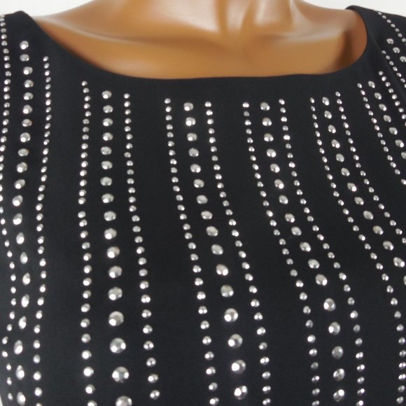ALFANI Top M/10 Party Blouse Black with Silver Studs Bubble Hem 3/4 Flared Slvs - Picture 7 of 12